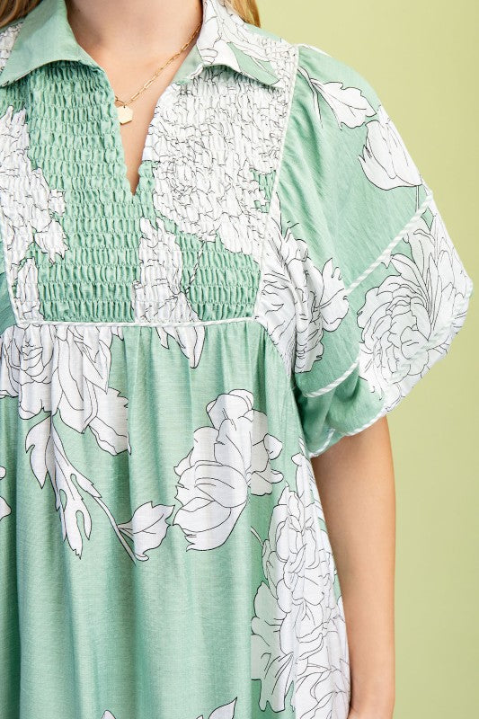 Floral Print Short Puff Sleeve Midi Dress