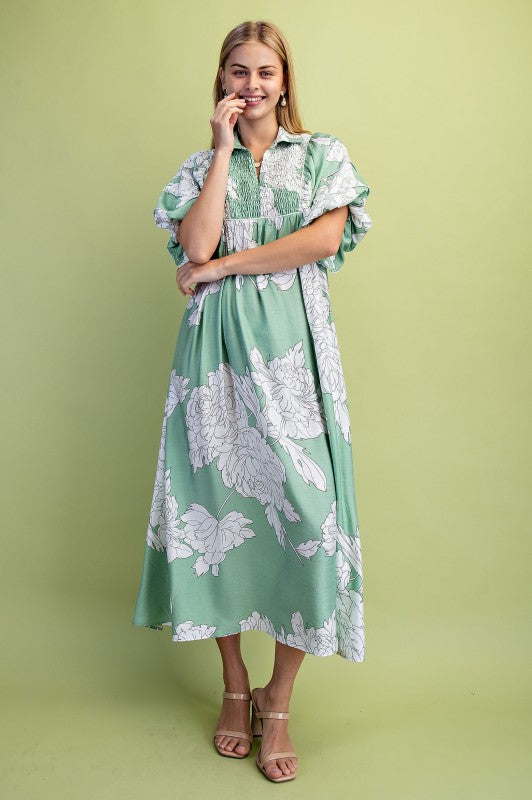 Floral Print Short Puff Sleeve Midi Dress
