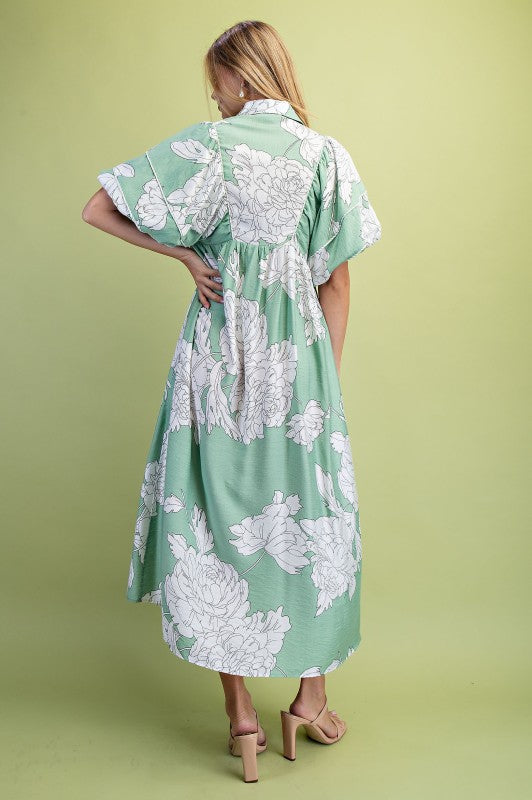 Floral Print Short Puff Sleeve Midi Dress