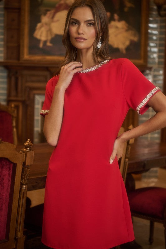 Kaitlyn Rhinestone Shift Mini Dress