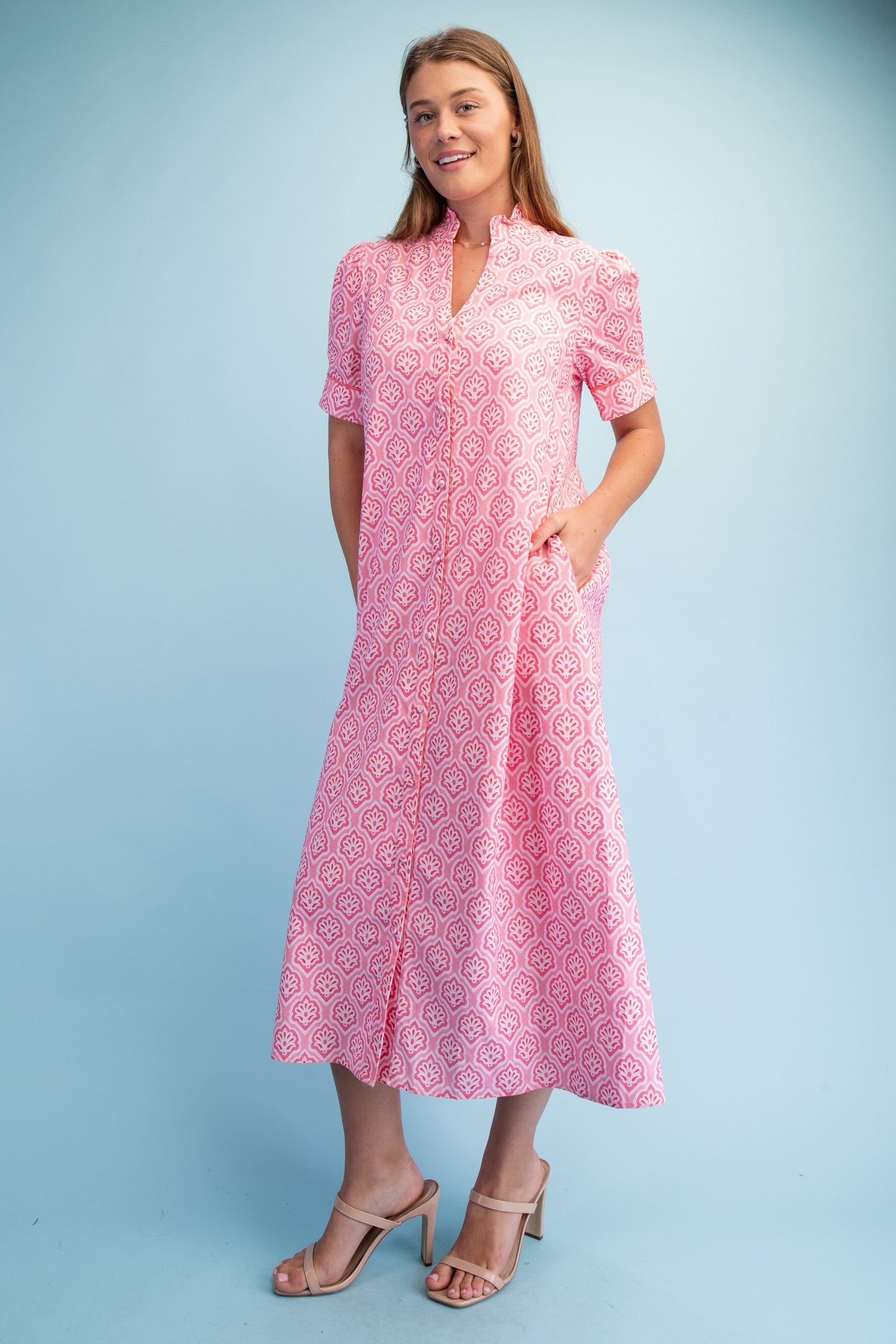 Bright Printed Button Down Midi Dress