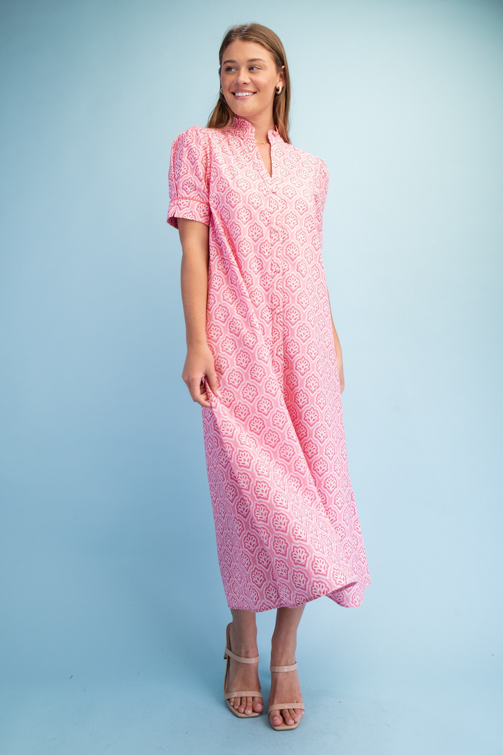 Bright Printed Button Down Midi Dress