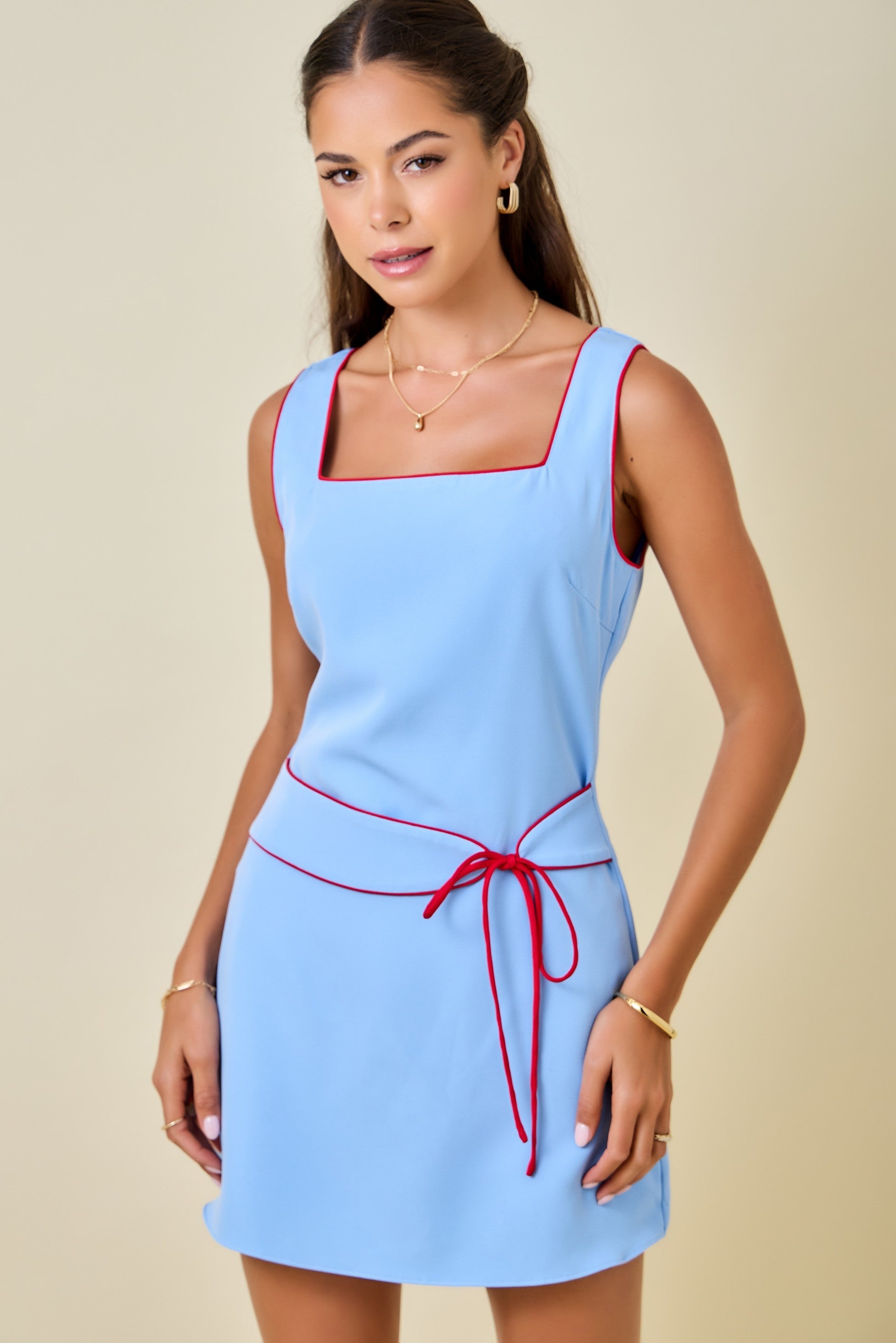 Sleeveless A-line Mini Dress W/ Contrast Piping Details