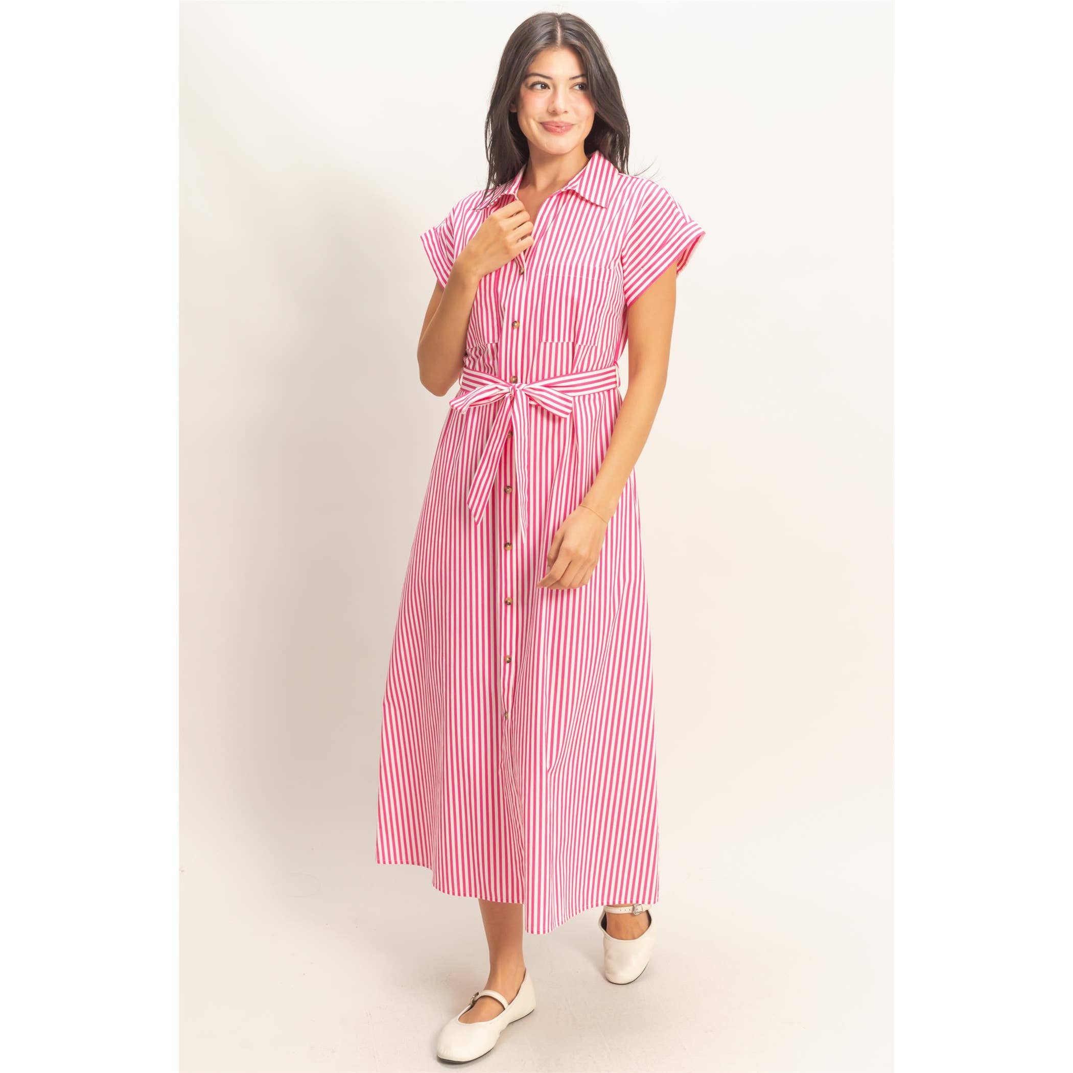 Striped Poplin Belted Shirt Dress With Pockets