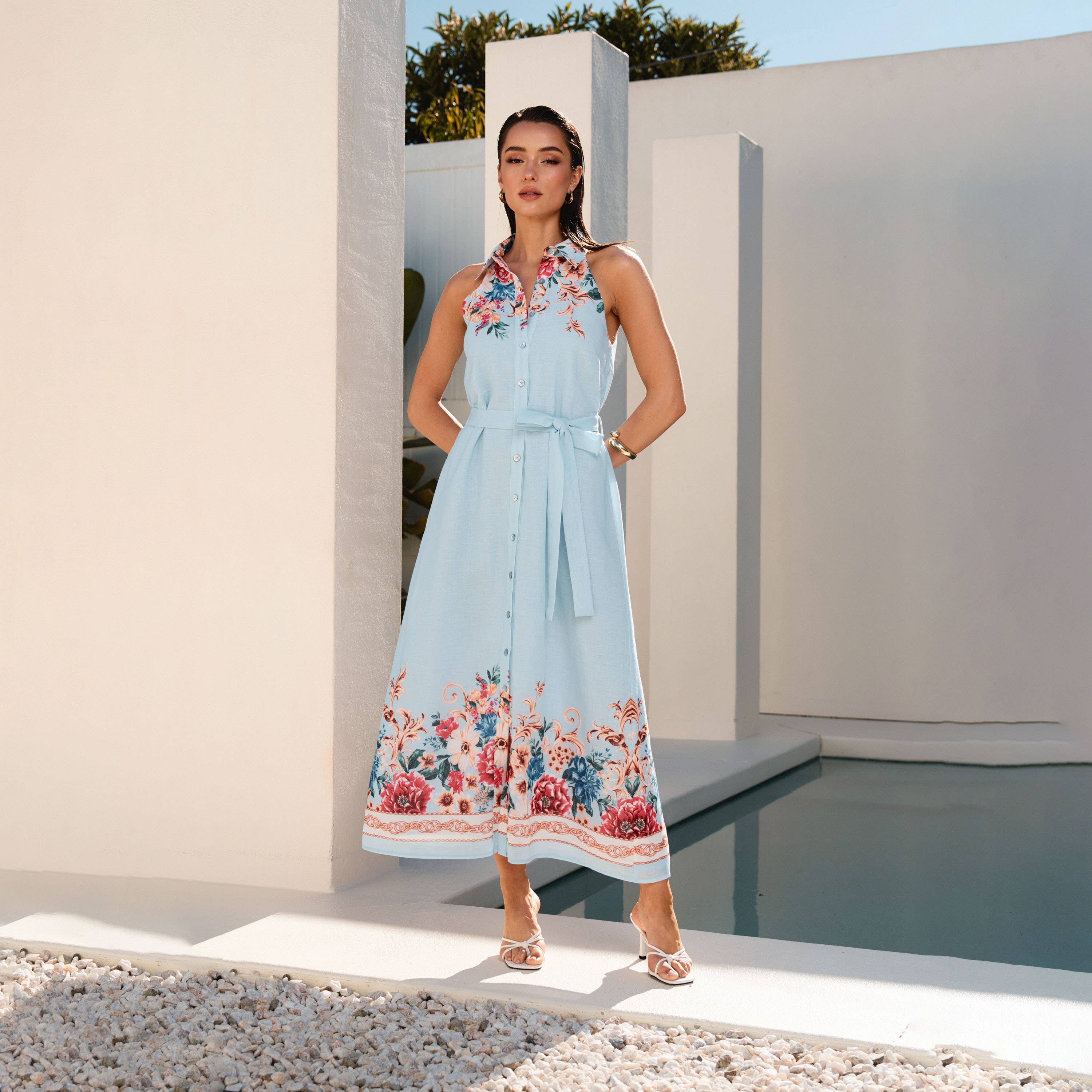 Floral button sleeveless maxi dress.