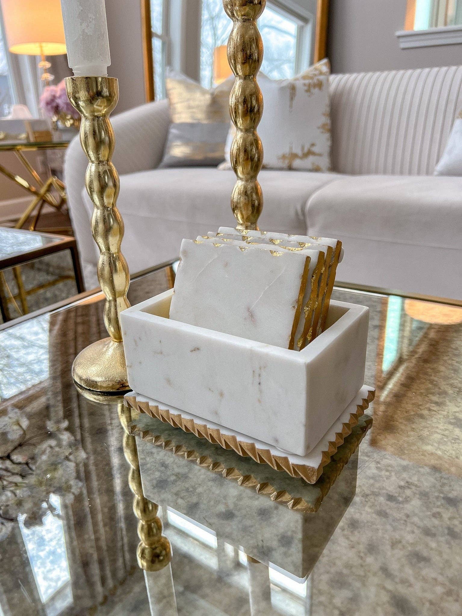 White Marble Decorative Box W/ Cover Gold Dimensional Border
