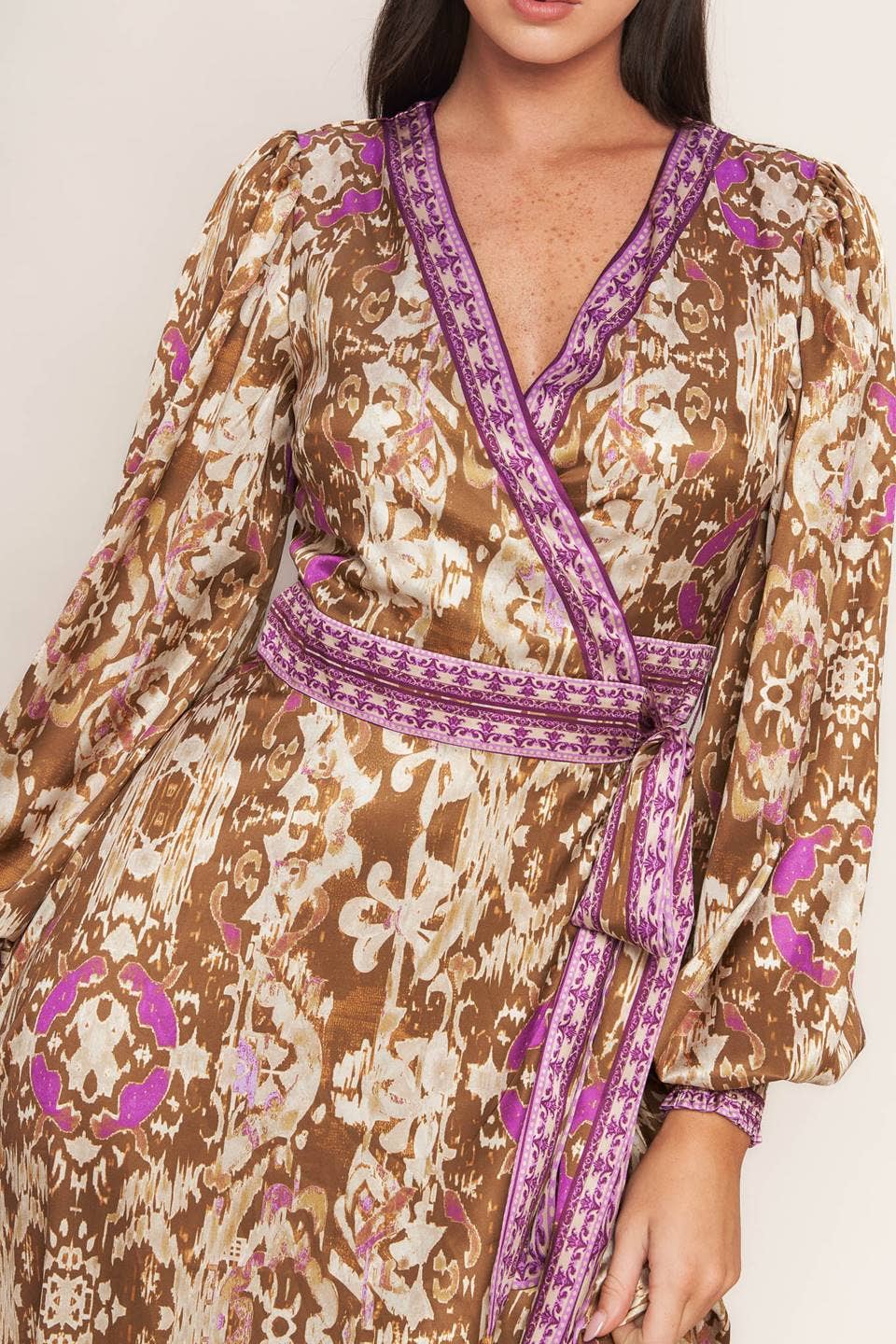 A printed woven midi true wrap dress