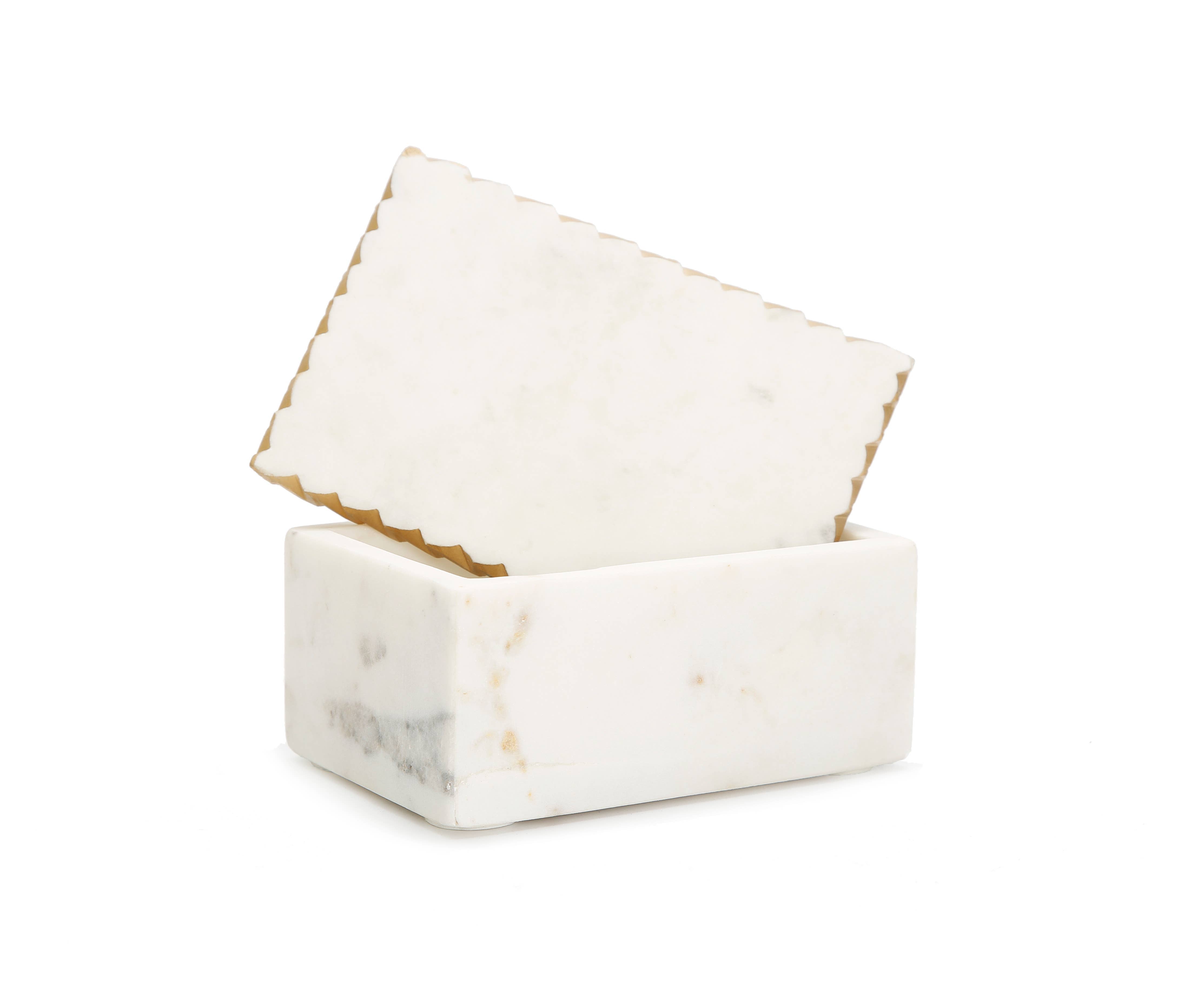 White Marble Decorative Box W/ Cover Gold Dimensional Border