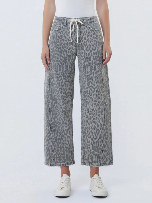 High Rise Drawstring Grey Leopard Barrel Jeans