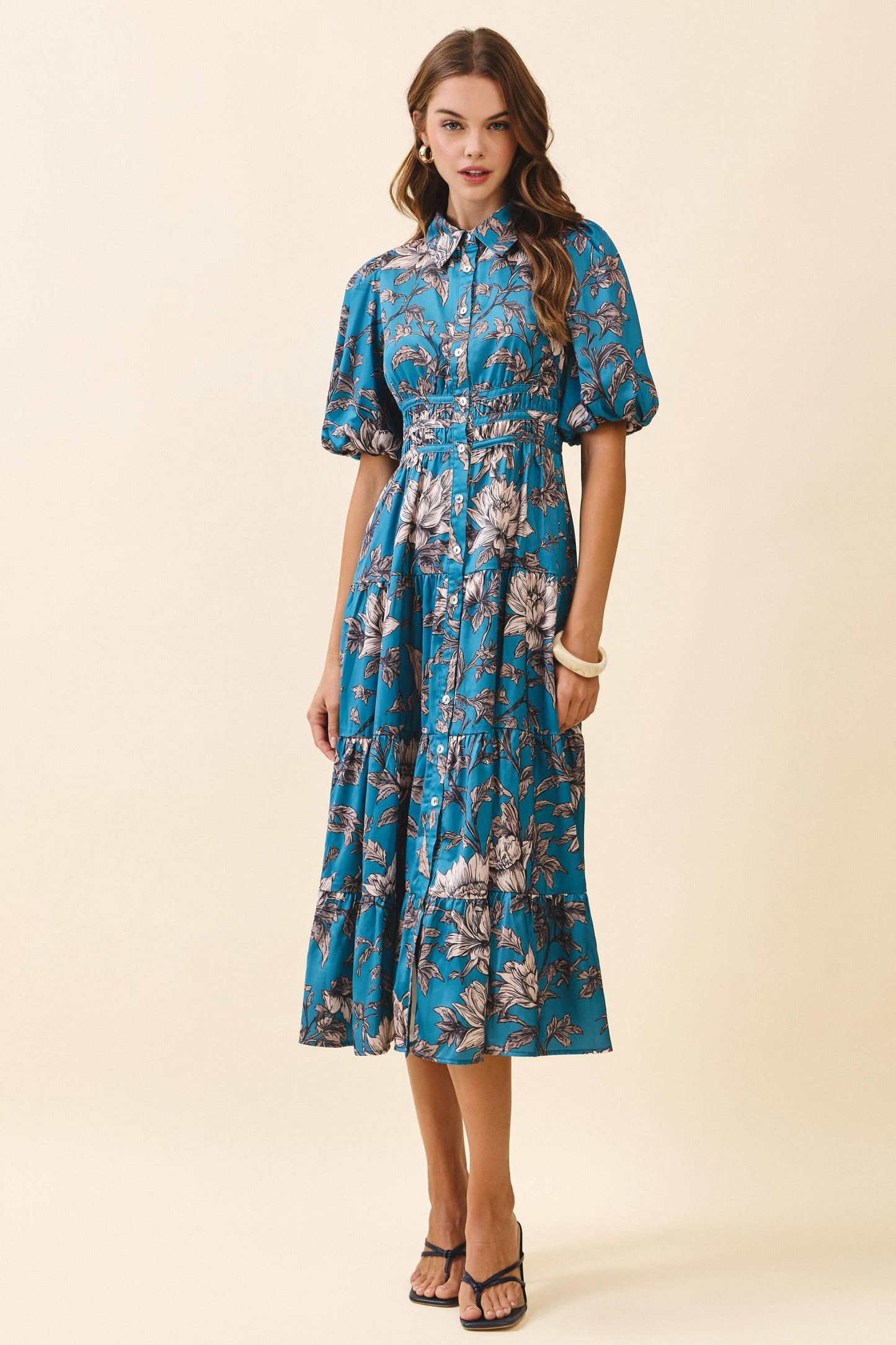 Floral Print Collared Neck Button Front Dress