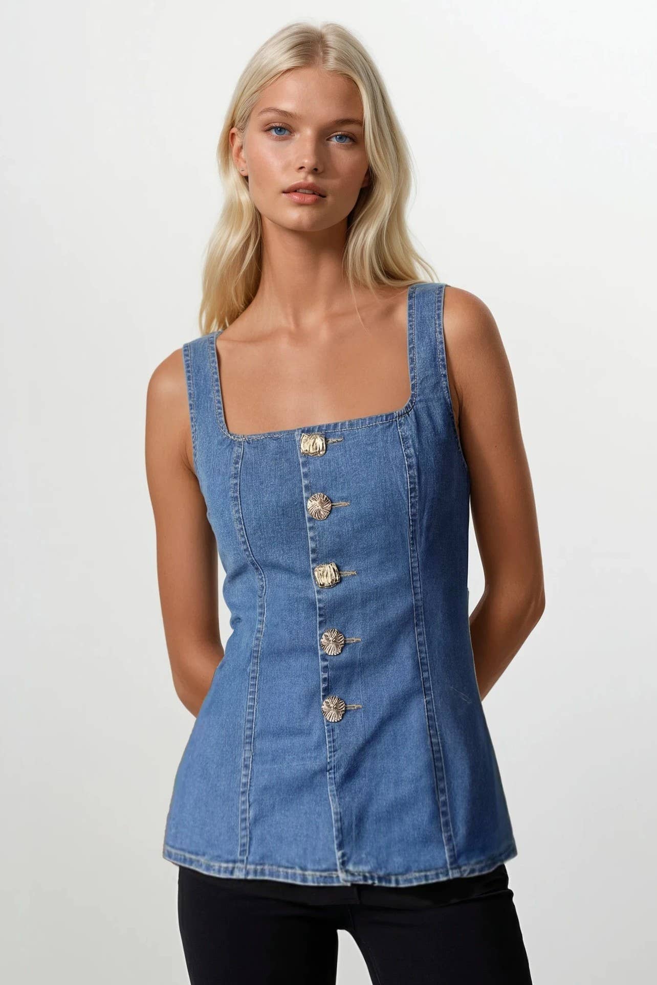 SQUARE NECK DENIM VEST WITH ORNATE GOLD BUTTONS