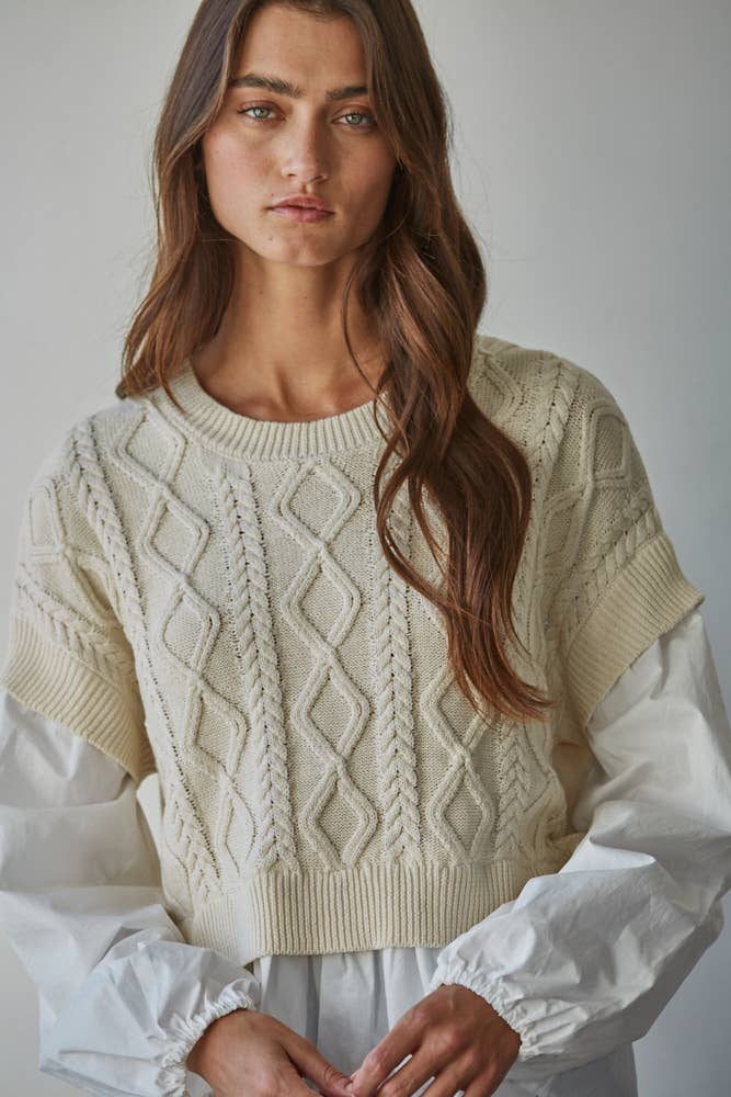 Knit Cotton Sleeve with Cable Knit Detail Vest