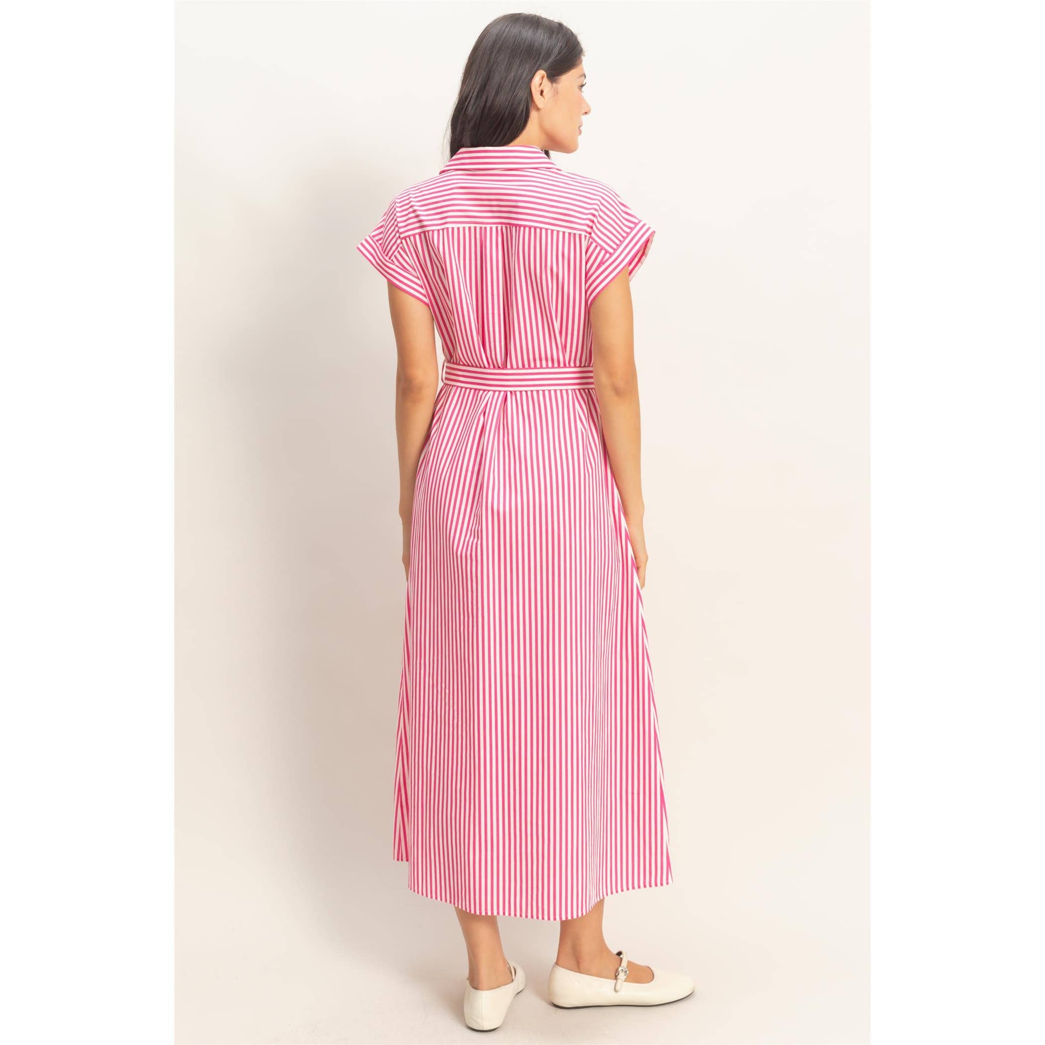 Striped Poplin Belted Shirt Dress With Pockets