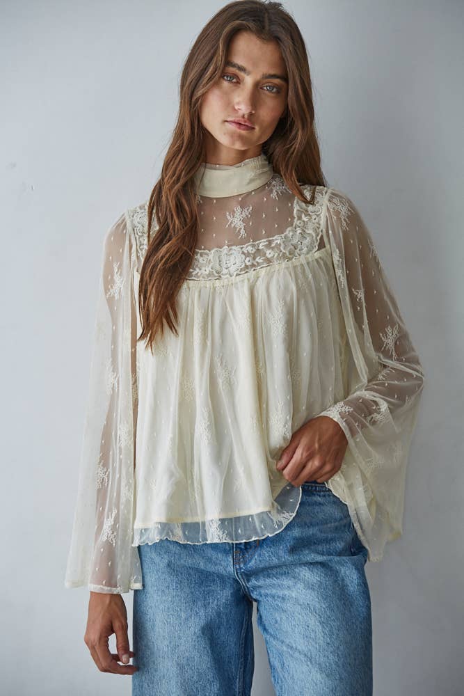 Lace Mock Neck Long Bell Sleeve Blouse