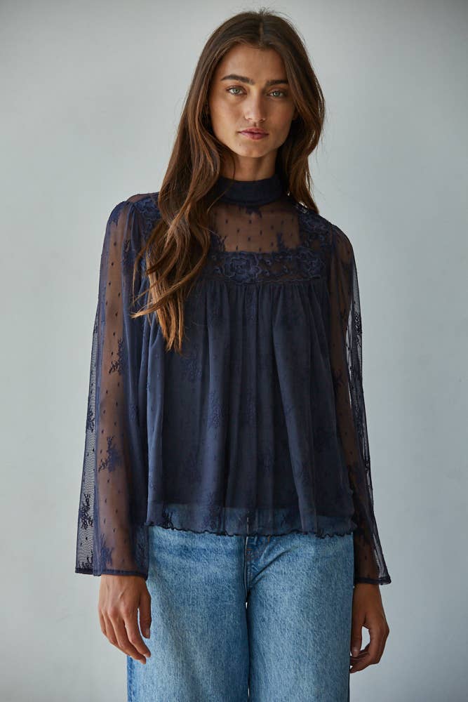 Lace Mock Neck Long Bell Sleeve Blouse
