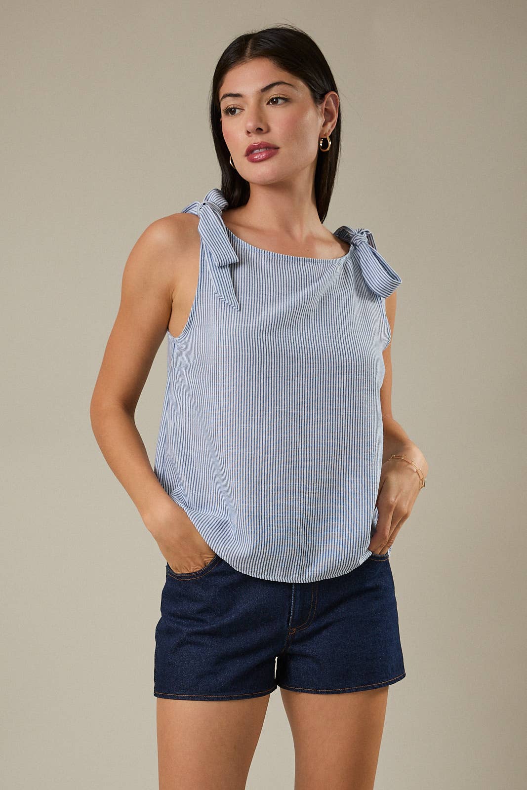 BOAT NECK SLEEVELESS SHOULDER TIE TOP