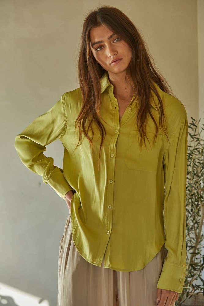 Woven Polyester Satin Button Down Long Sleeve Top