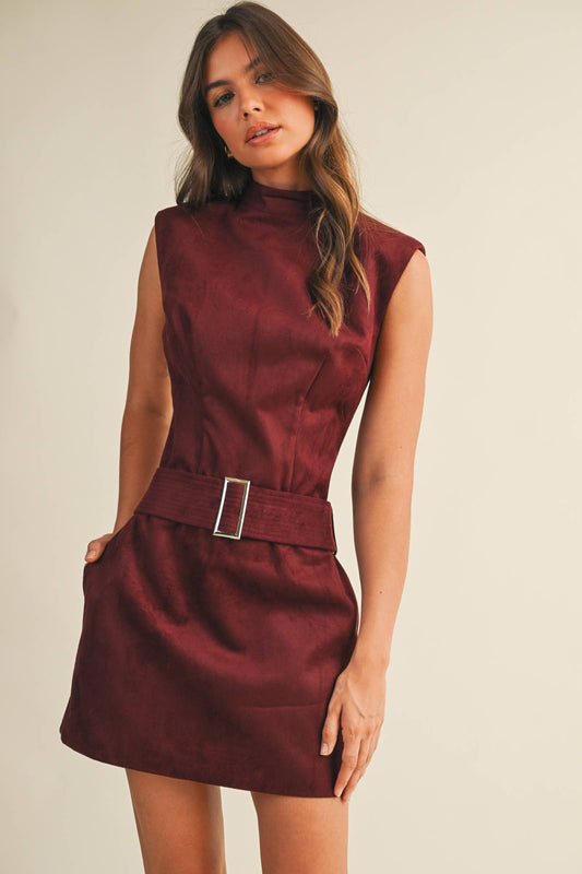 MOCK NECK BELTED SLEEVELESS DRESS
