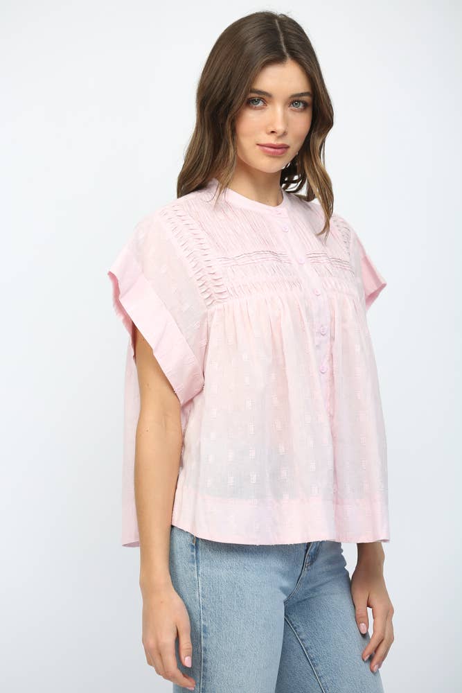 SLEEVLESS RUFFLED BUTTON UP TOP