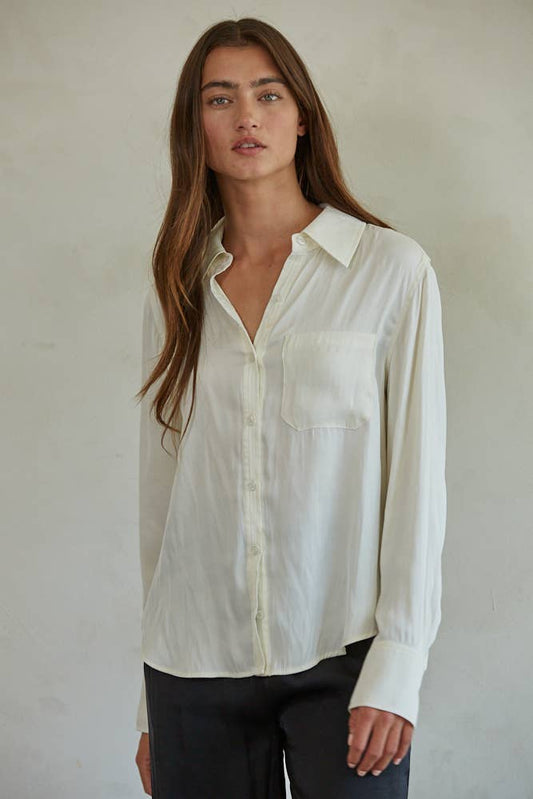 Woven Polyester Satin Button Down Long Sleeve Top
