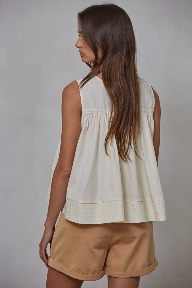Woven Cotton Round Neck Sleeveless Top