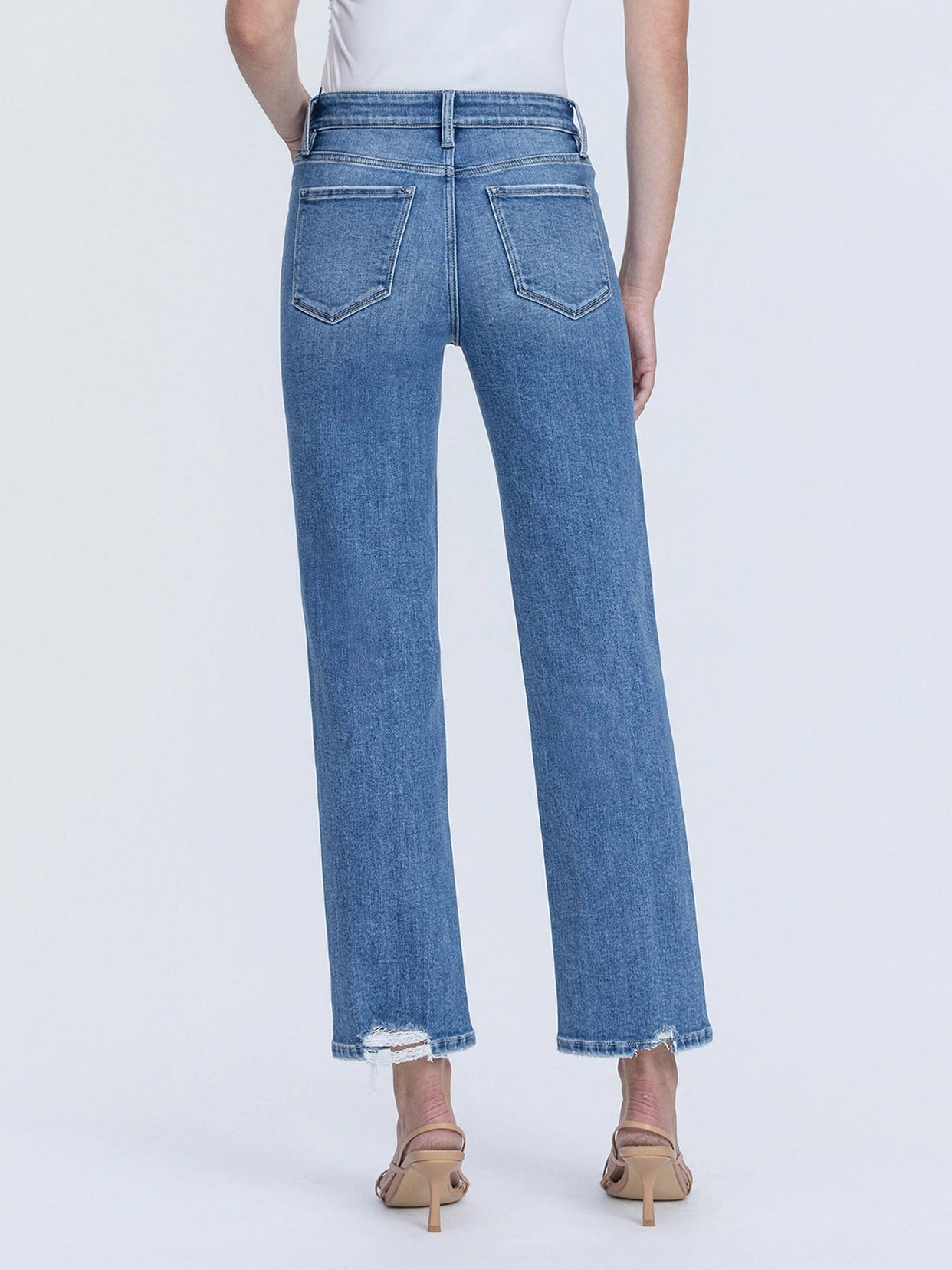 High Rise Distressed Back Hem Ankle Straight Jeans