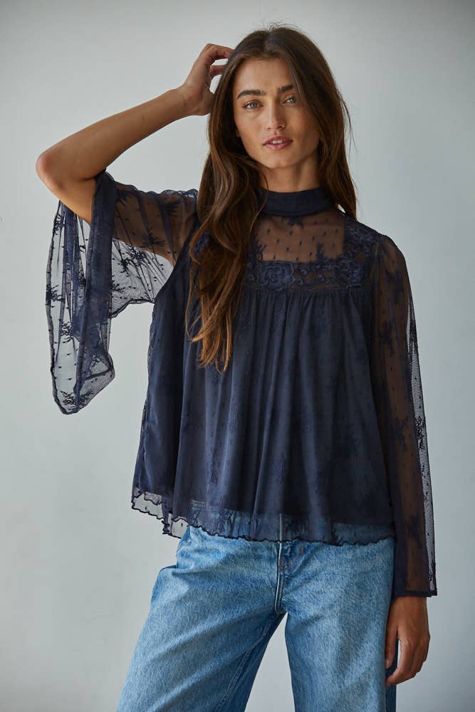 Lace Mock Neck Long Bell Sleeve Blouse