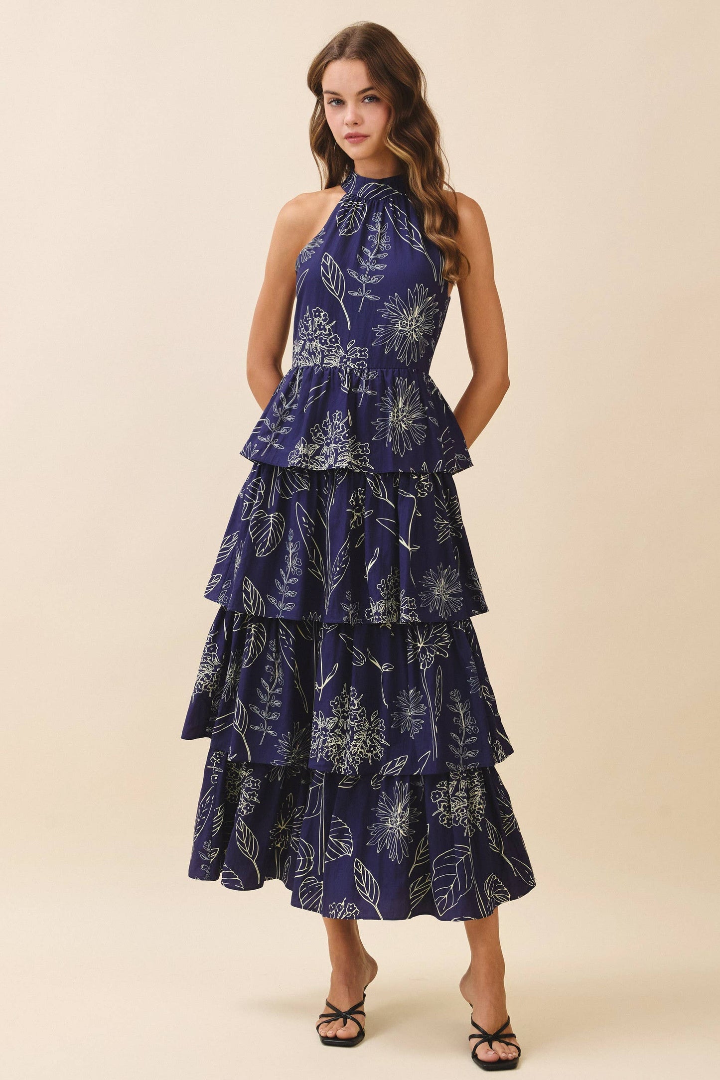 Printed Halter Neck Back Tie Tiered Maxi Dress