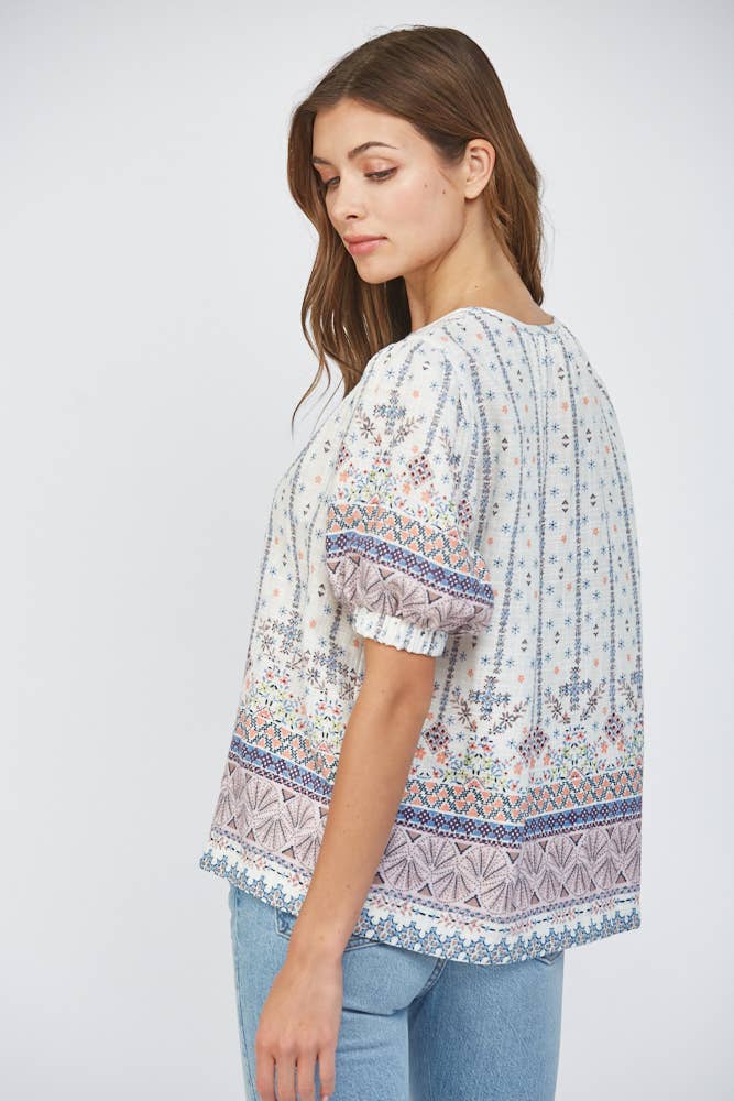 PLEAT DETAIL COTTON GAUZE SPLIT NECK TOP