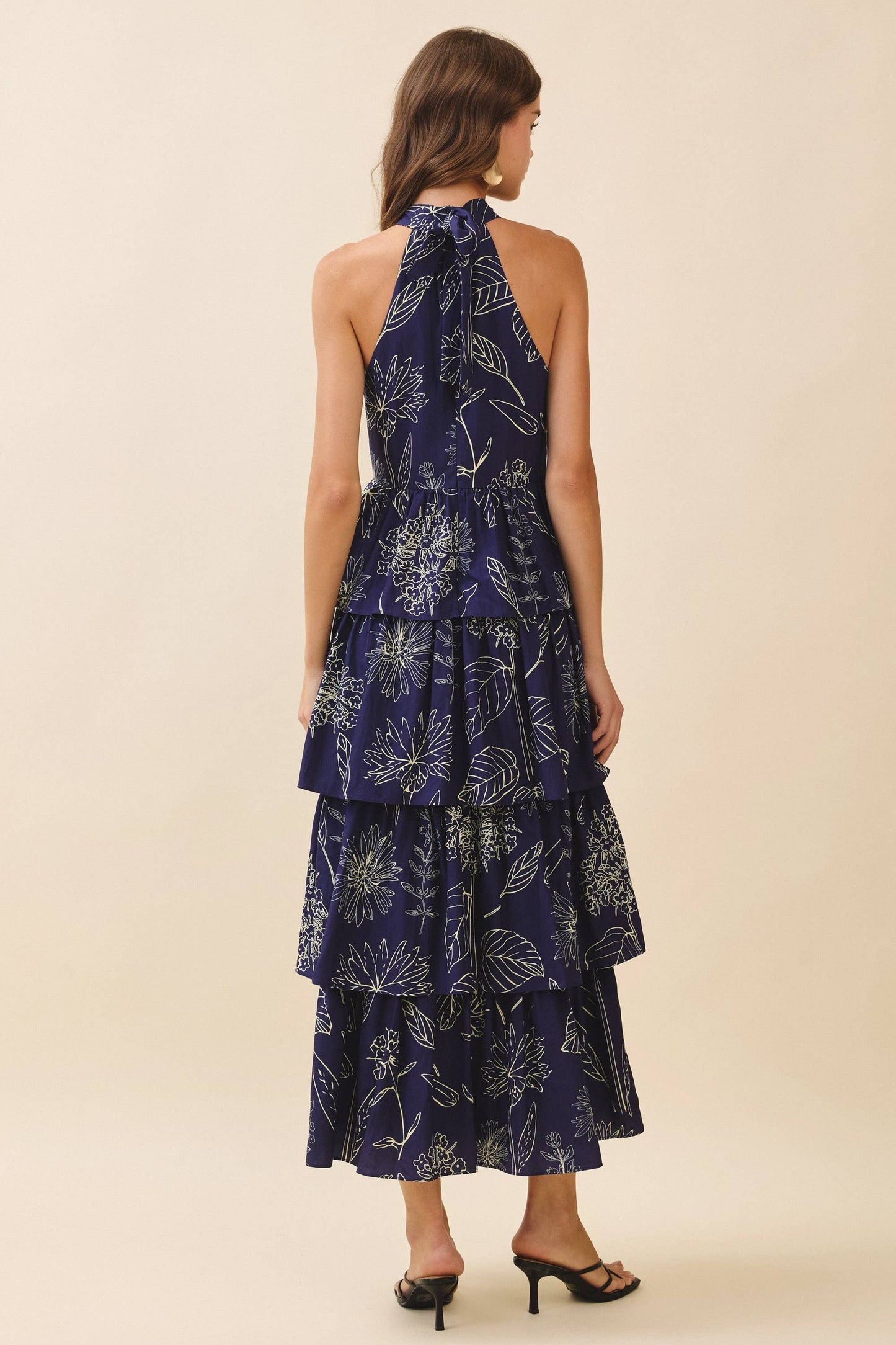 Printed Halter Neck Back Tie Tiered Maxi Dress