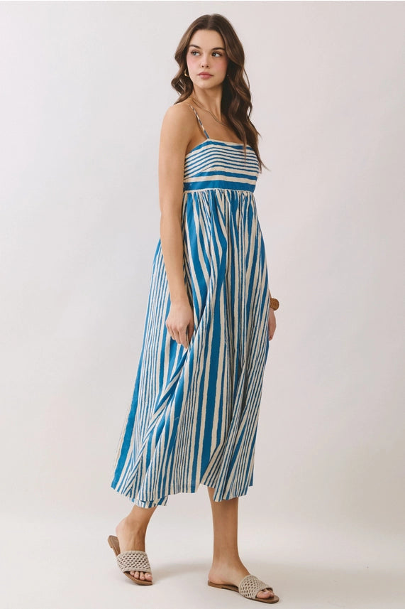 Blue Stripe Smocked Back Midi Dress