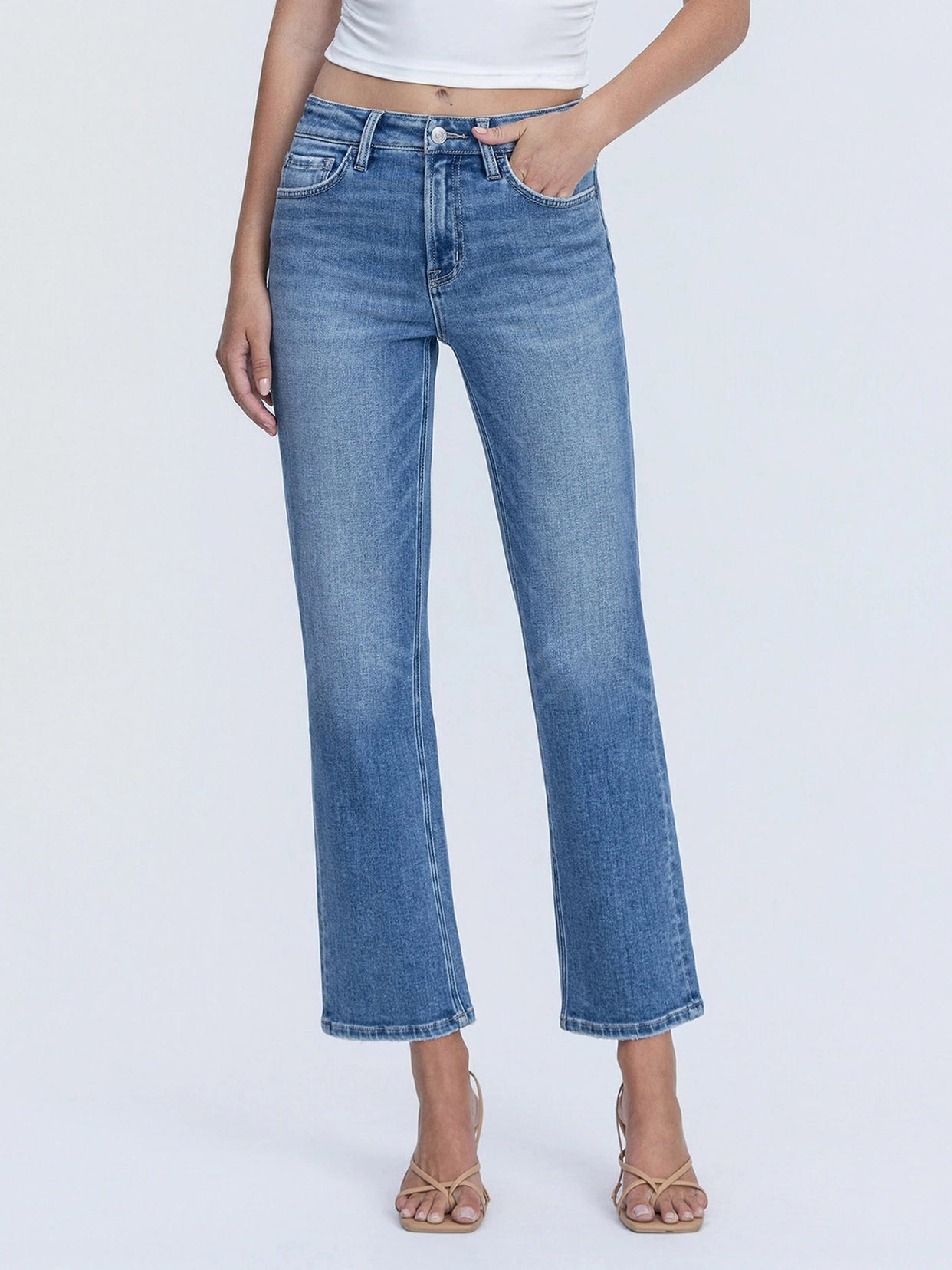 High Rise Distressed Back Hem Ankle Straight Jeans