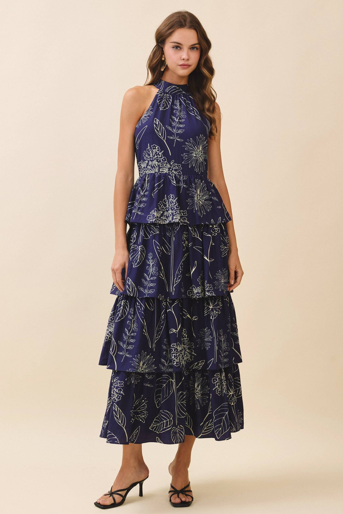 Printed Halter Neck Back Tie Tiered Maxi Dress