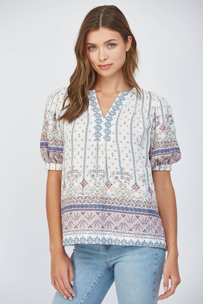 PLEAT DETAIL COTTON GAUZE SPLIT NECK TOP