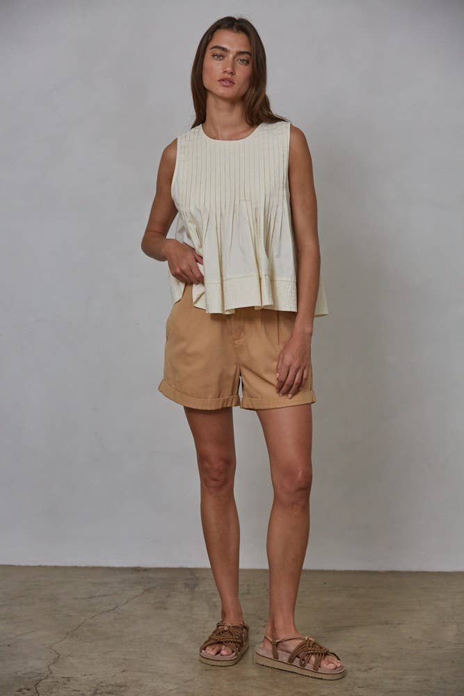Woven Cotton Round Neck Sleeveless Top
