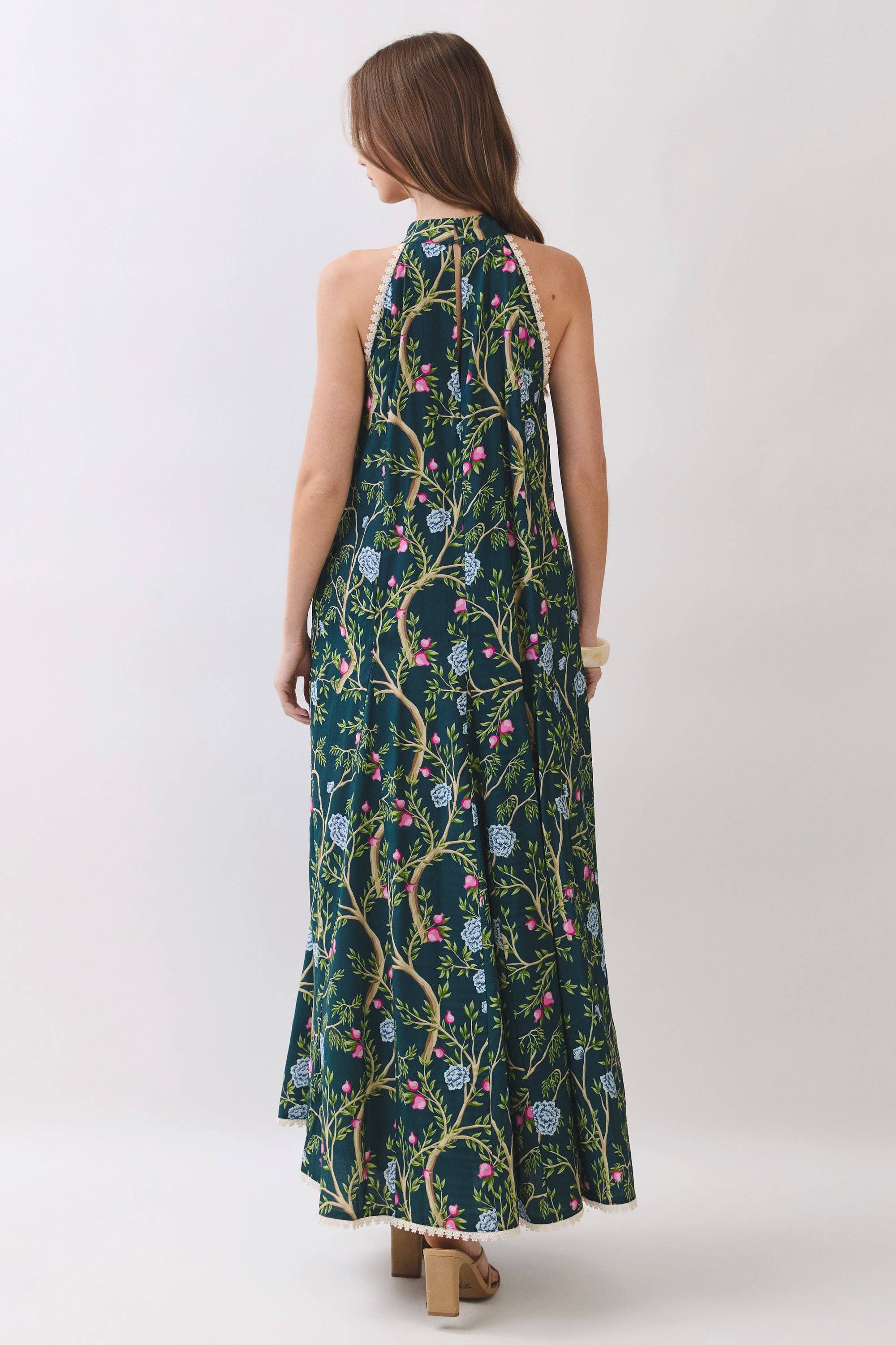 Floral Vine Print Halter Neck Maxi Dress