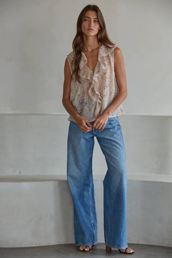 Woven Polyester Floral Print V-Neck Sleeveless Top