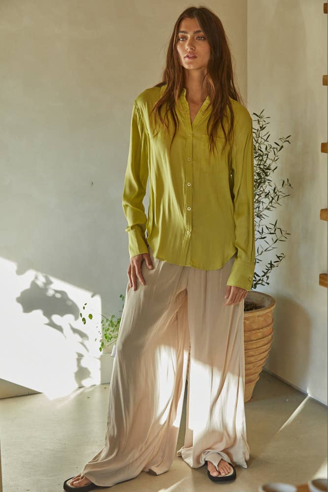 Woven Polyester Satin Button Down Long Sleeve Top