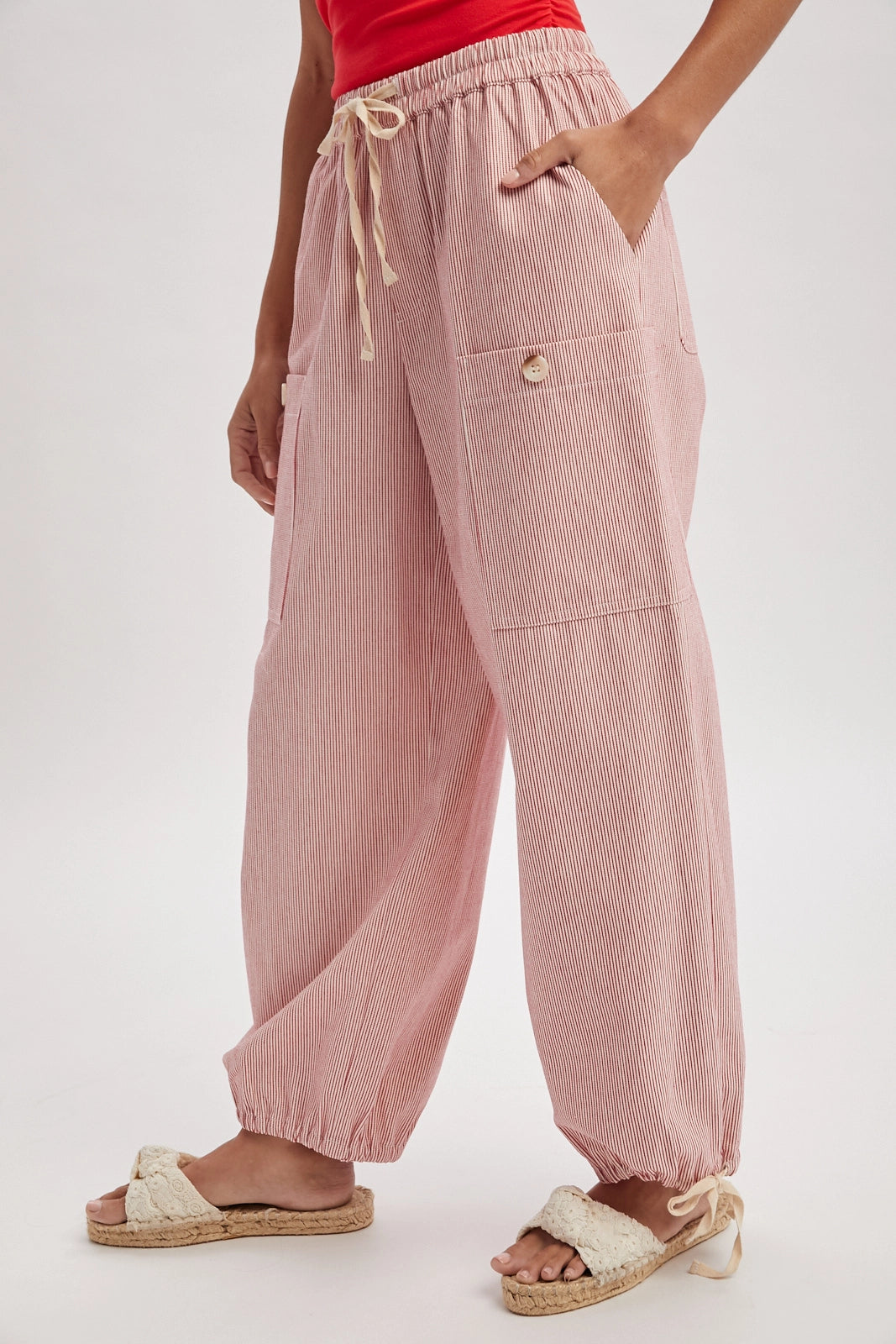 Striped Cargo Tie-Hem Pants