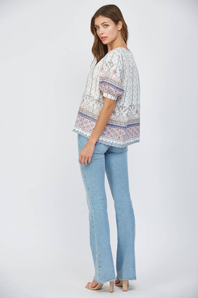 PLEAT DETAIL COTTON GAUZE SPLIT NECK TOP