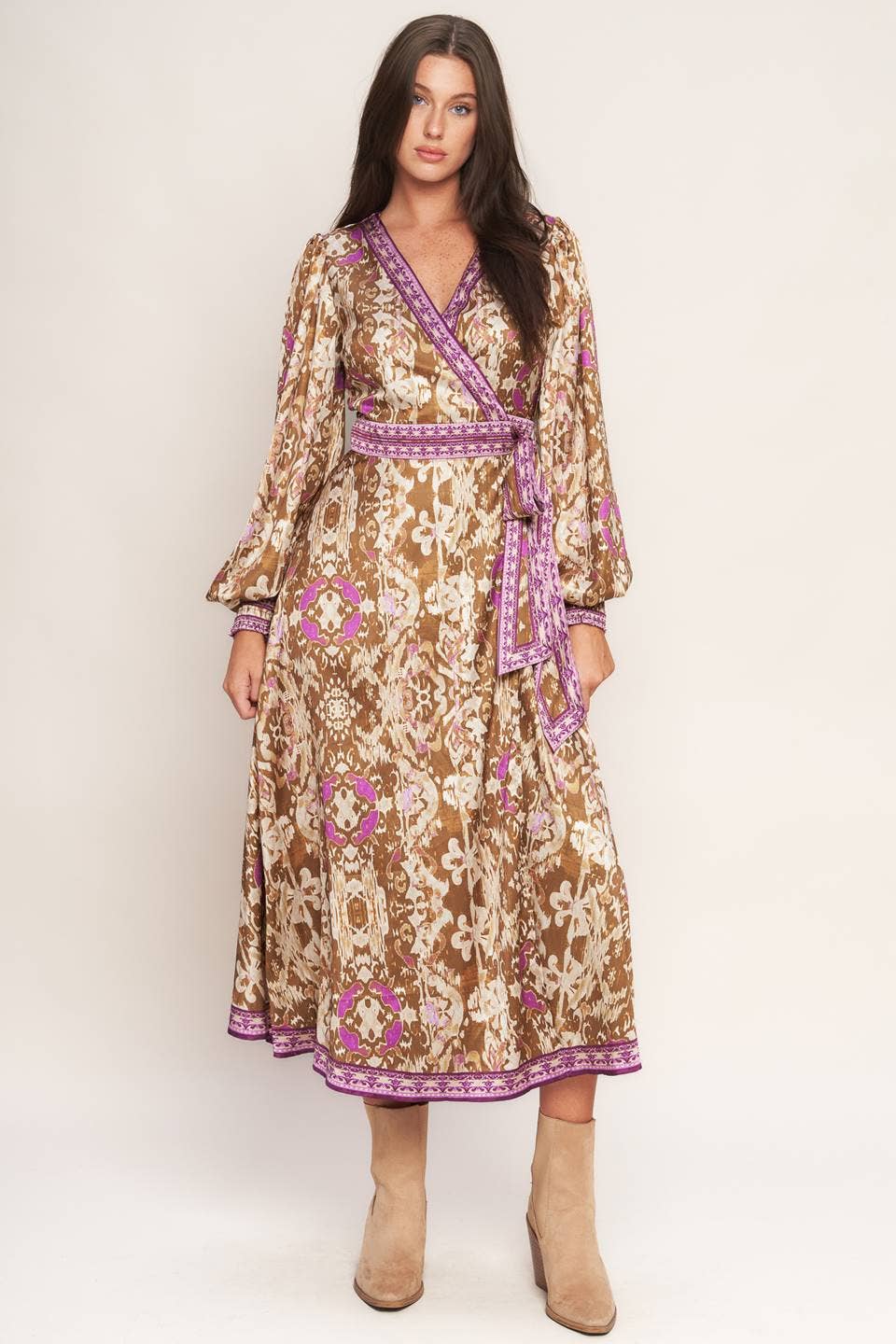 A printed woven midi true wrap dress