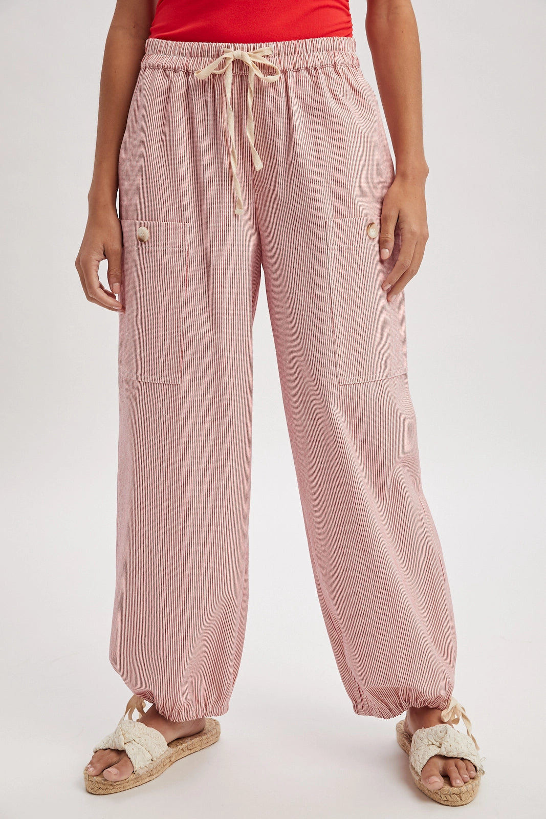 Striped Cargo Tie-Hem Pants