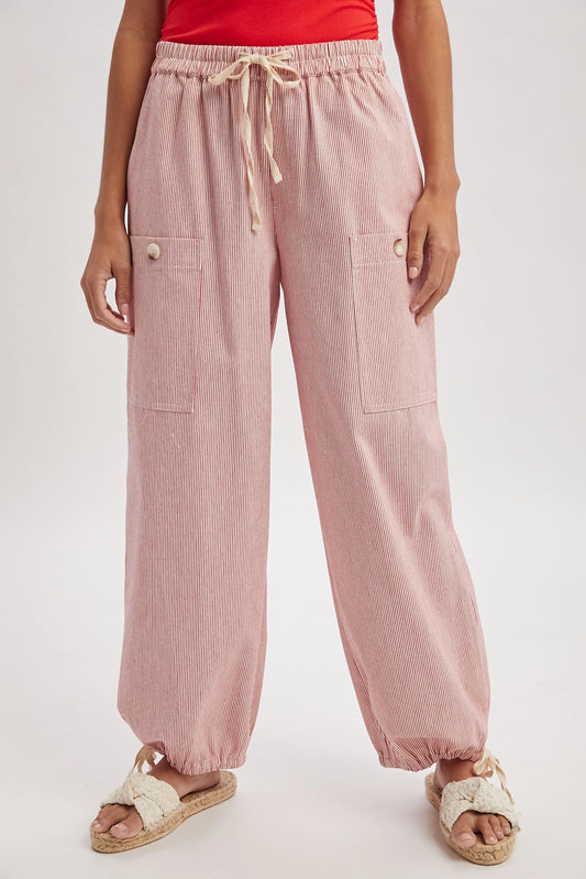 Striped Cargo Tie-Hem Pants