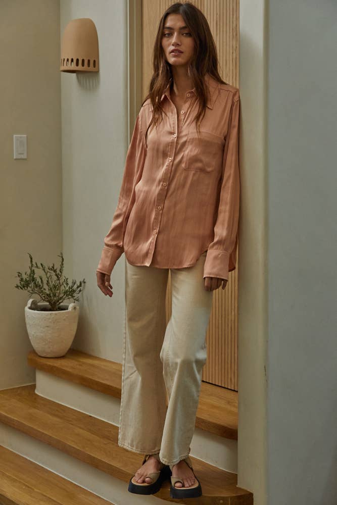 Woven Polyester Satin Button Down Long Sleeve Top