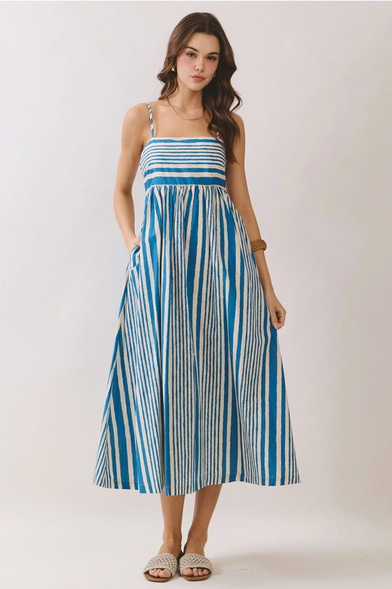 Blue Stripe Smocked Back Midi Dress