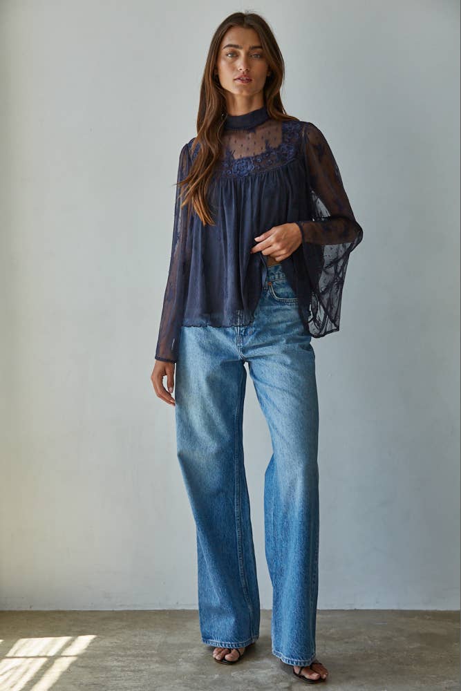 Lace Mock Neck Long Bell Sleeve Blouse