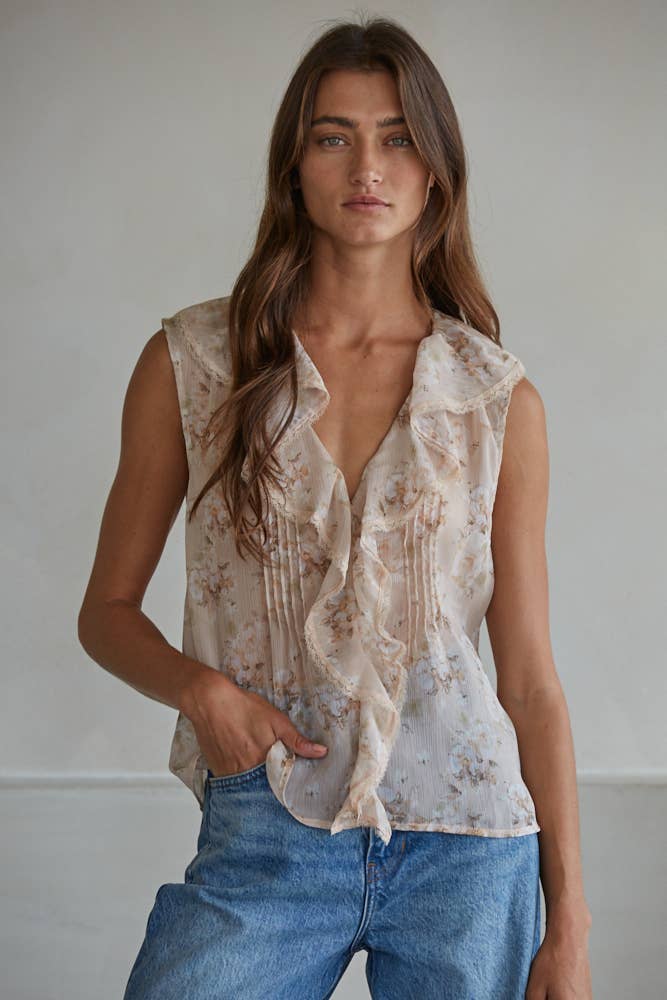 Woven Polyester Floral Print V-Neck Sleeveless Top