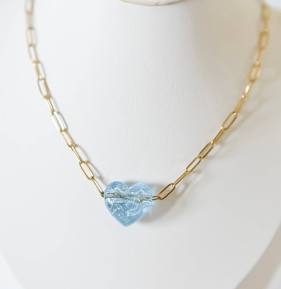 Bella acrylic heart charm necklace | paperclip | blue