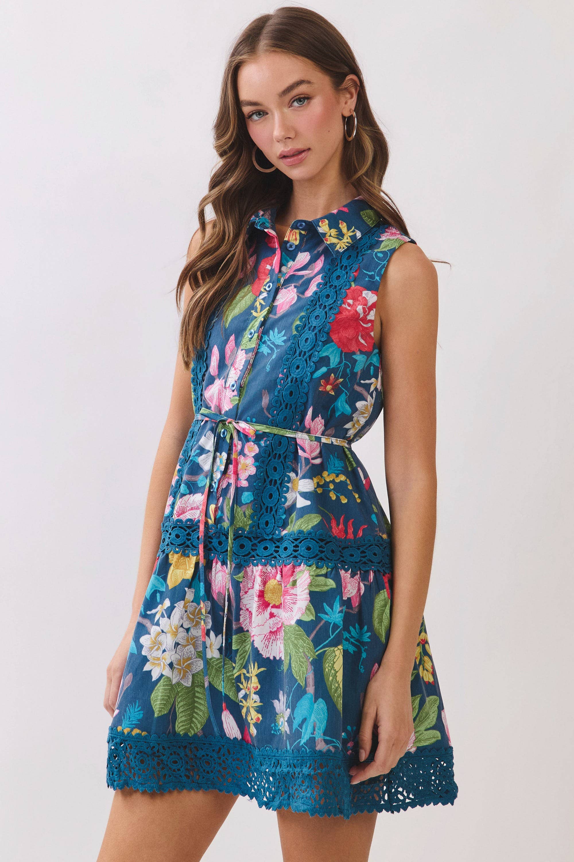 Floral Botanical Print Crochet Trim Mini Dress