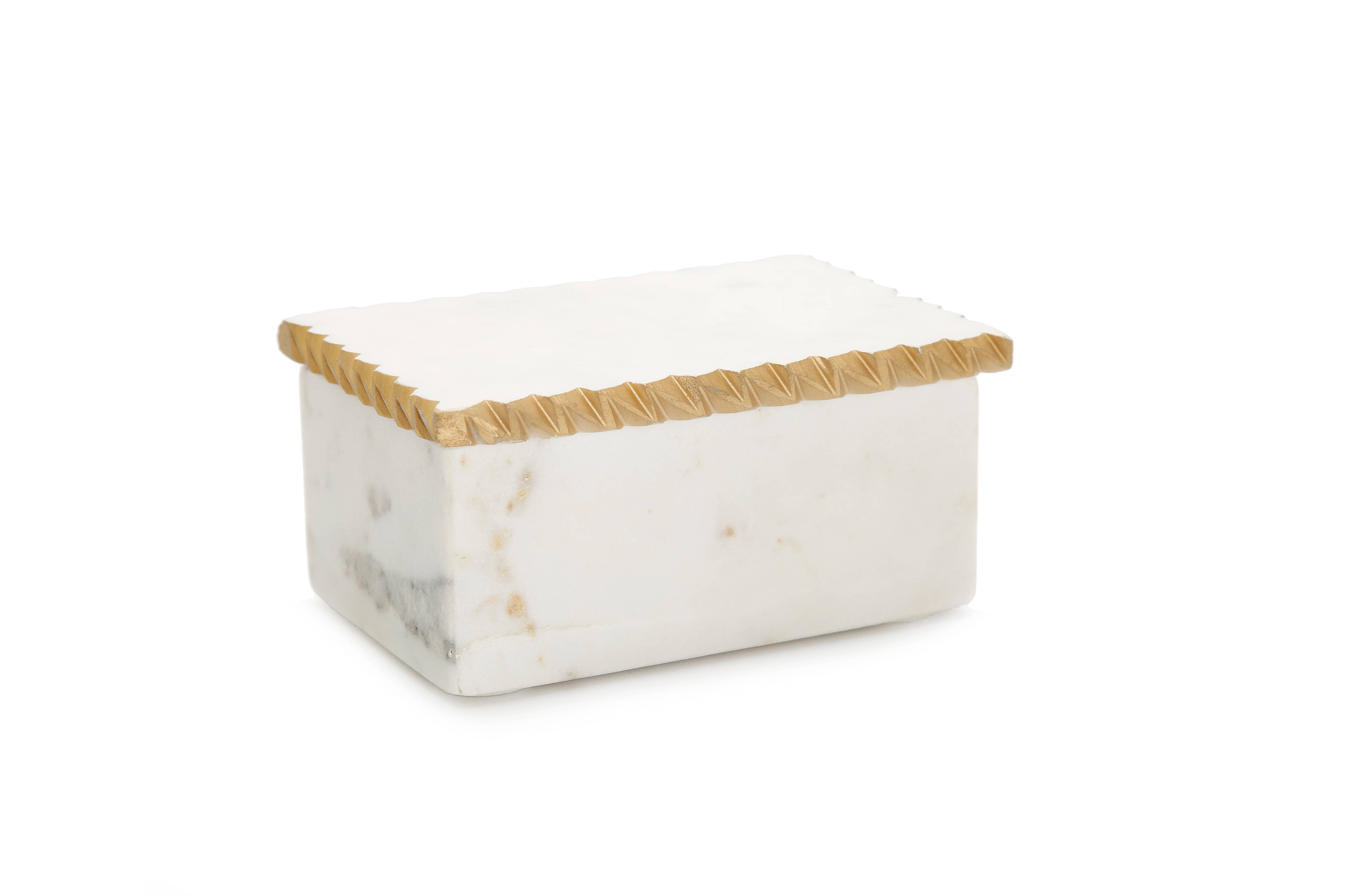 White Marble Decorative Box W/ Cover Gold Dimensional Border